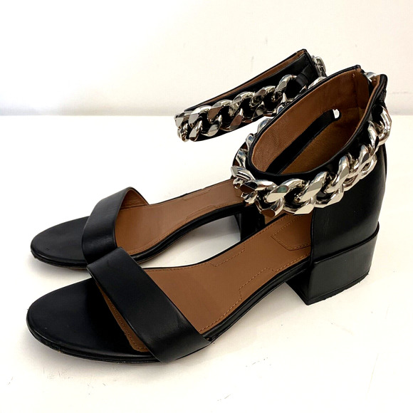 Givenchy Sandal Leather Chain Ankle Strap Black Open Toe Low Block Heel … - Picture 5 of 10